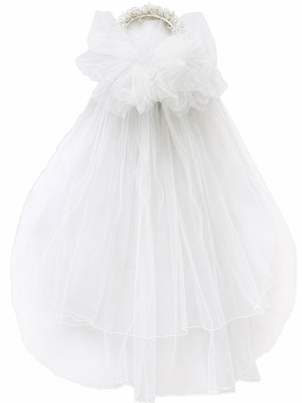 Vintage 80s 90s Bridal Veil Pearl Floral Halo Headpiece Two Tier Wedding 34.5” - Picture 14 of 14